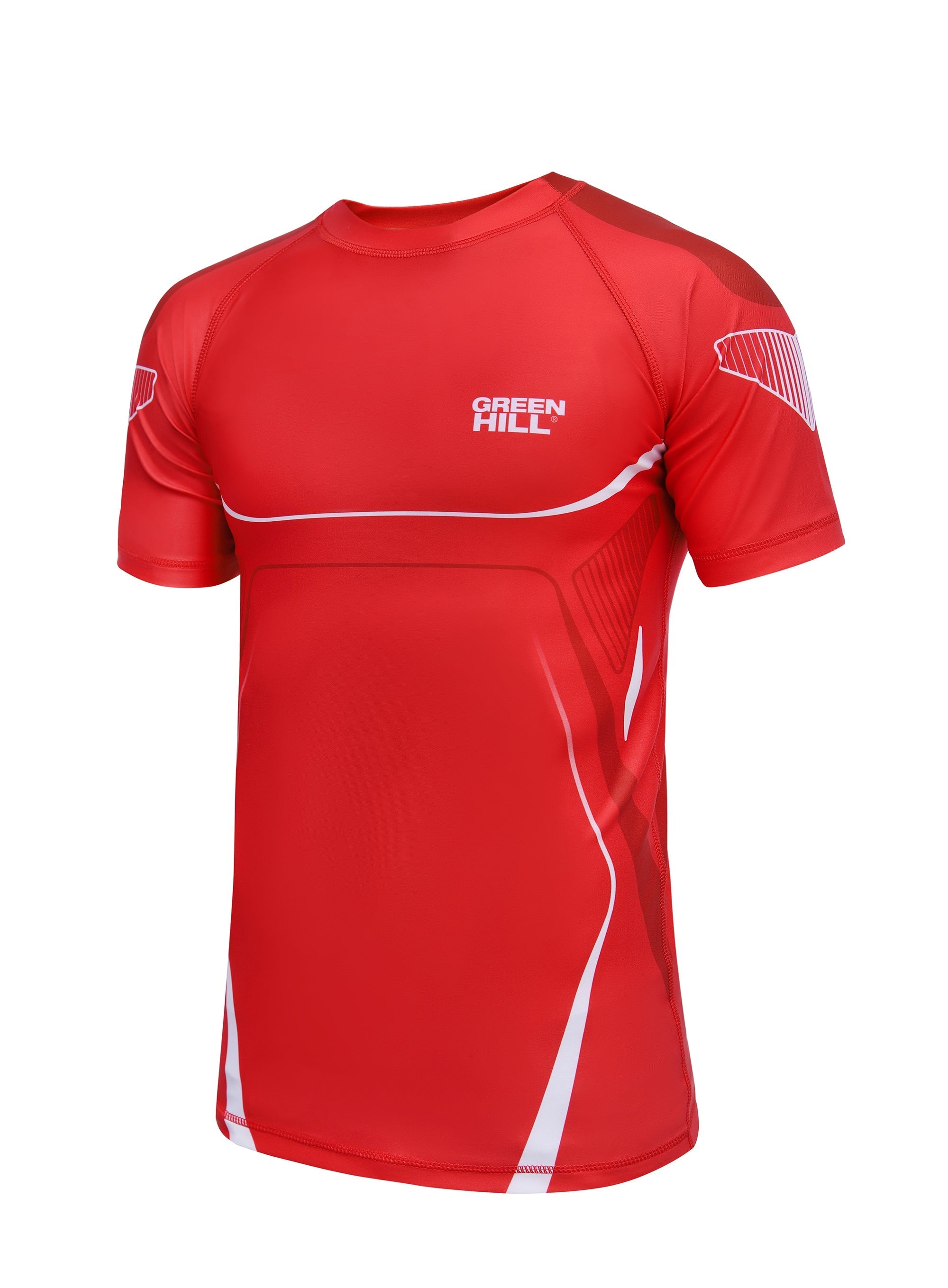 Green Hill IMMAF Approved Rash Guard in red, made from durable Polyester Lycra, designed for martial arts training and competition.