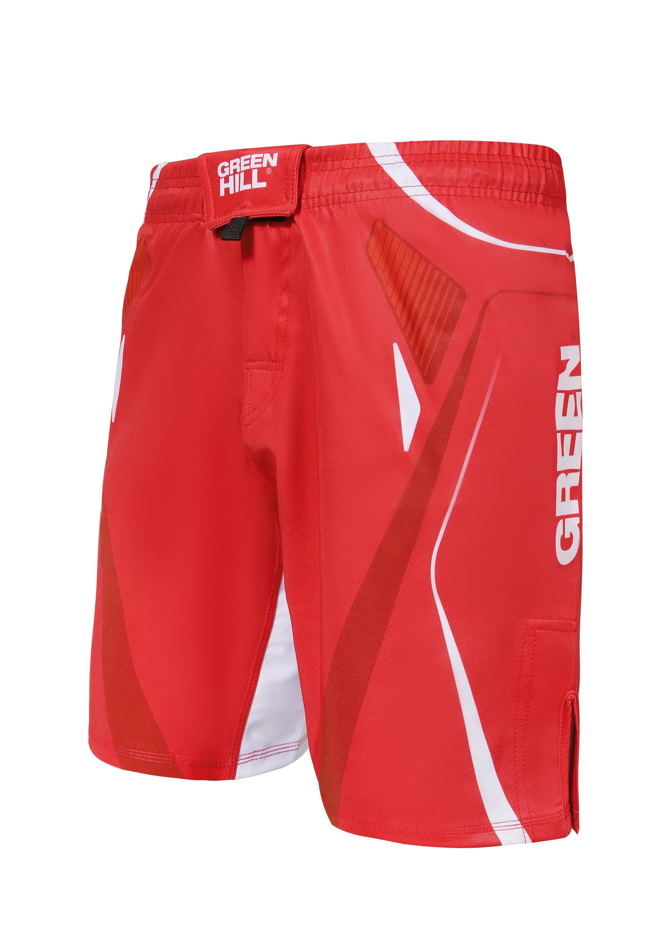 Green Hill New MMA Shorts IMMAF APPROVED in red, featuring adjustable waistband and IMMAF logo.