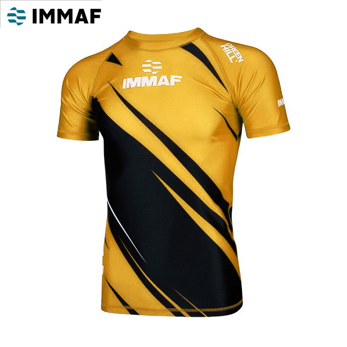 Green Hill IMMAF APPROVED GOLD Rash Guard, featuring a sleek design and high-quality Lycra material for MMA and grappling training.