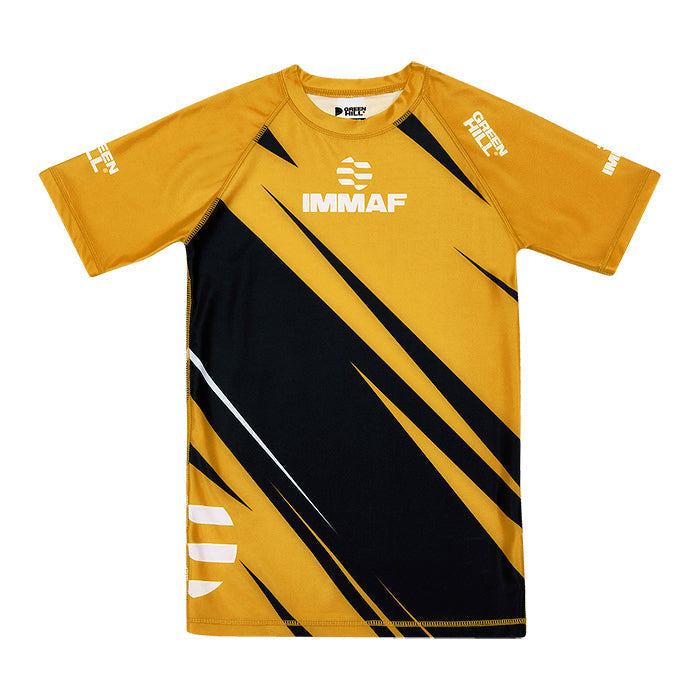 Green Hill IMMAF APPROVED GOLD Rash Guard, featuring a sleek design and high-quality Lycra material for MMA and grappling training.