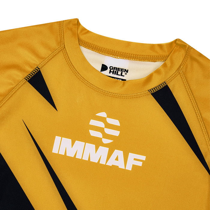 Green Hill IMMAF APPROVED GOLD Rash Guard, featuring a sleek design and high-quality Lycra material for MMA and grappling training.