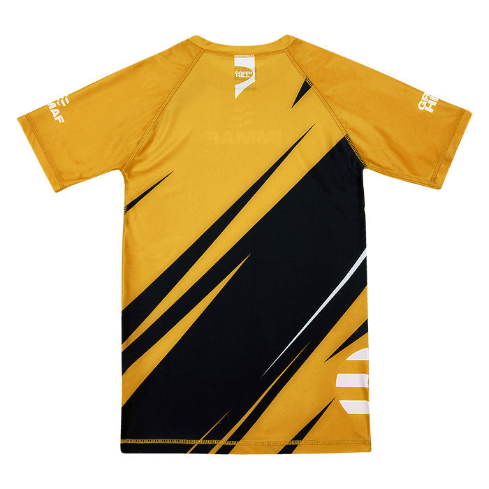Green Hill IMMAF APPROVED GOLD Rash Guard, featuring a sleek design and high-quality Lycra material for MMA and grappling training.