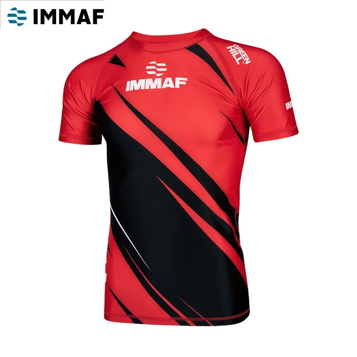 Green Hill IMMAF APPROVED Rash Guard in red, featuring a compression fit and full sleeves, designed for MMA and BJJ training.
