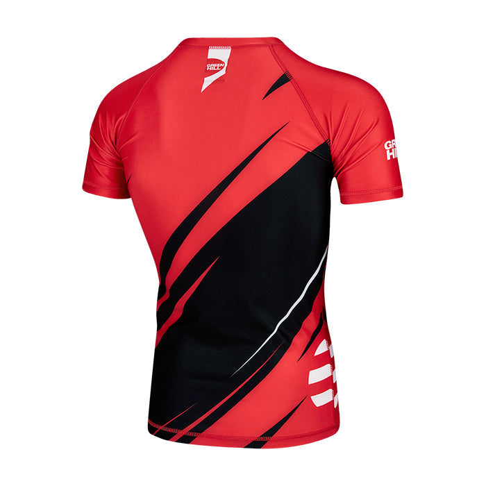 Green Hill IMMAF APPROVED Rash Guard in red, featuring a compression fit and full sleeves, designed for MMA and BJJ training.