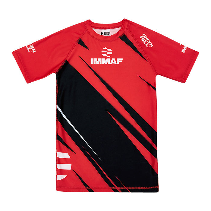Green Hill IMMAF APPROVED Rash Guard in red, featuring a compression fit and full sleeves, designed for MMA and BJJ training.