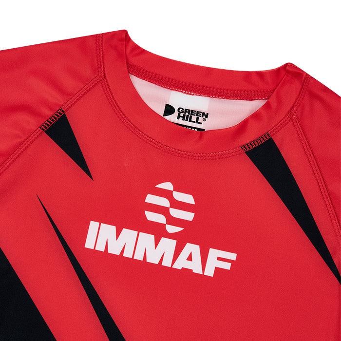 Green Hill IMMAF APPROVED Rash Guard in red, featuring a compression fit and full sleeves, designed for MMA and BJJ training.