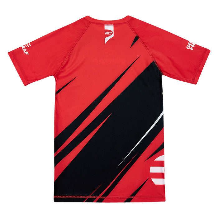 Green Hill IMMAF APPROVED Rash Guard in red, featuring a compression fit and full sleeves, designed for MMA and BJJ training.