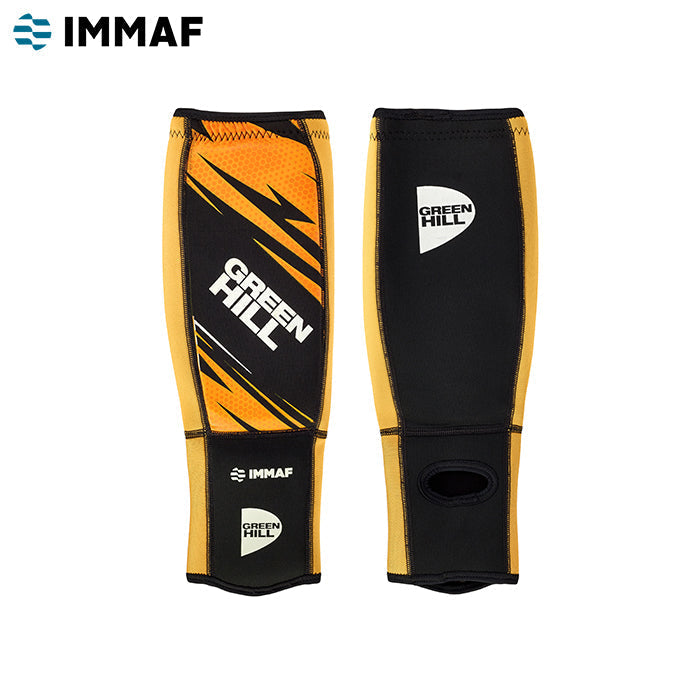 Green Hill Shin Instep Pad IMMAF Gold, featuring durable neoprene and elastic polyester, designed for MMA protection.