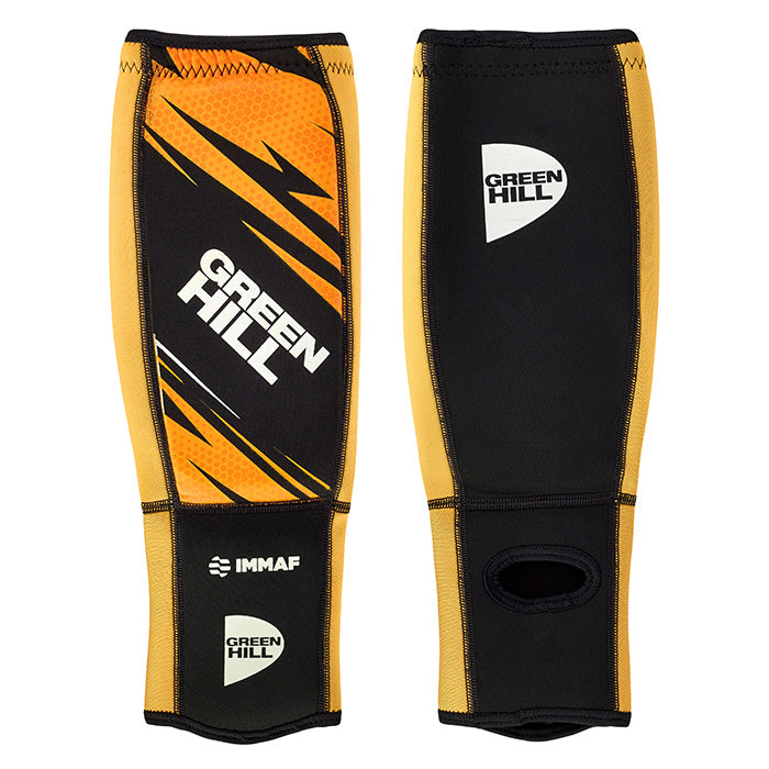 Green Hill Shin Instep Pad IMMAF Gold, featuring durable neoprene and elastic polyester, designed for MMA protection.