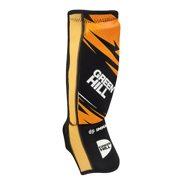 Green Hill Shin Instep Pad IMMAF Gold, featuring durable neoprene and elastic polyester, designed for MMA protection.