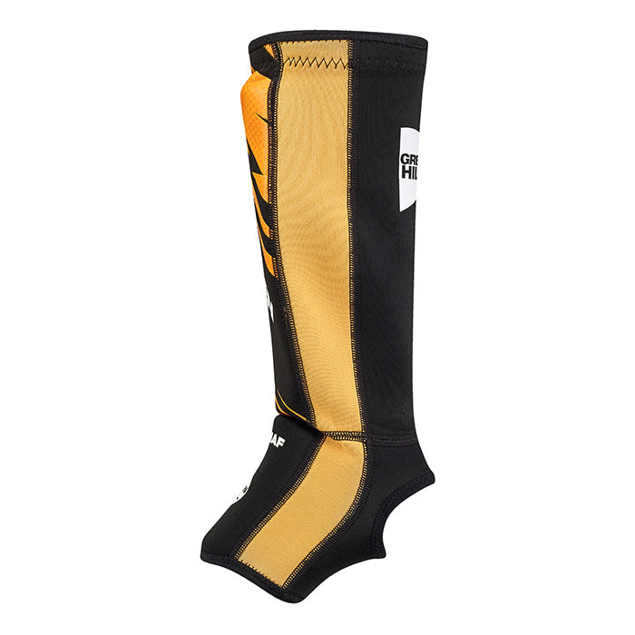 Green Hill Shin Instep Pad IMMAF Gold, featuring durable neoprene and elastic polyester, designed for MMA protection.