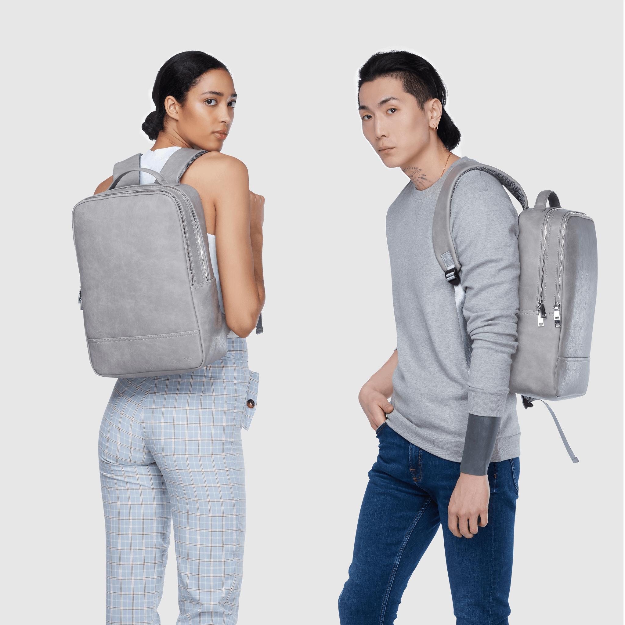 Grey Acacia Unisex Vegan Laptop Backpack with padded straps and multiple compartments for laptops and essentials.
