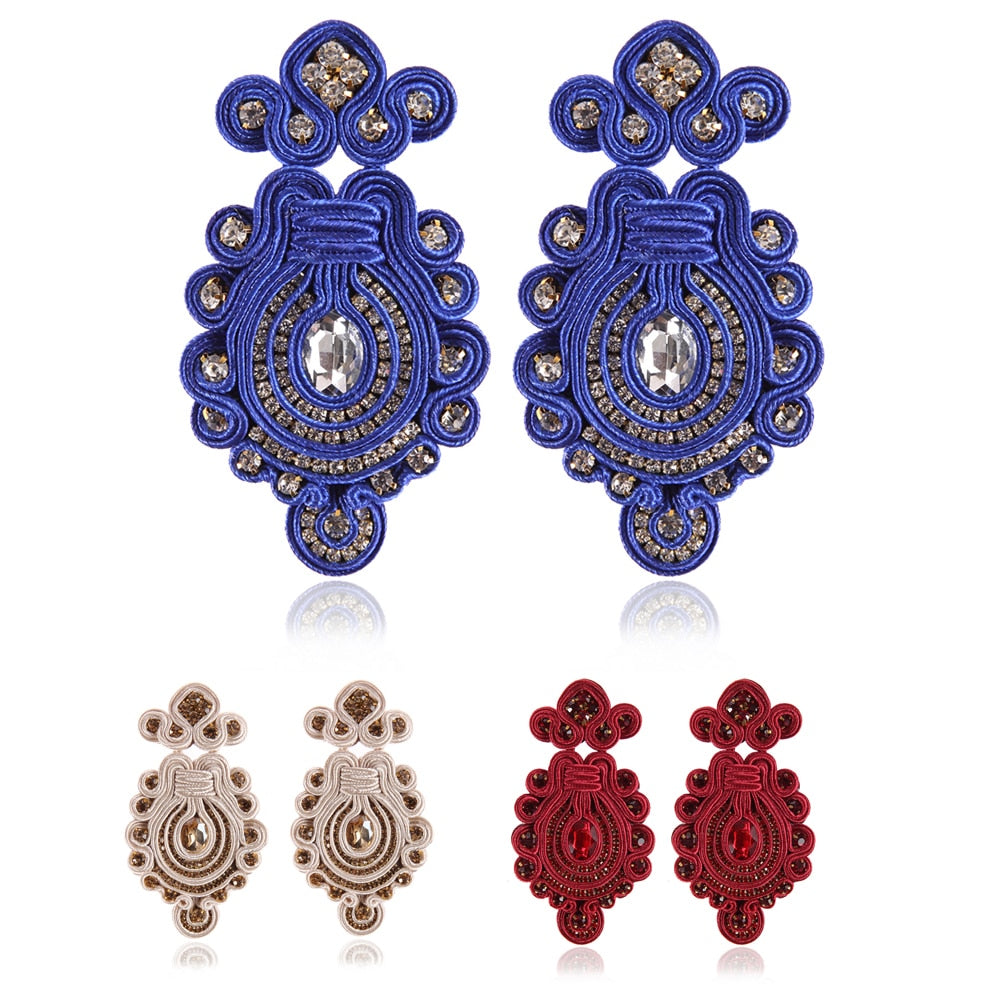 A pair of Handmade Soutache Drop Earrings featuring intricate leather design in blue, red, and brown colors, perfect for women.
