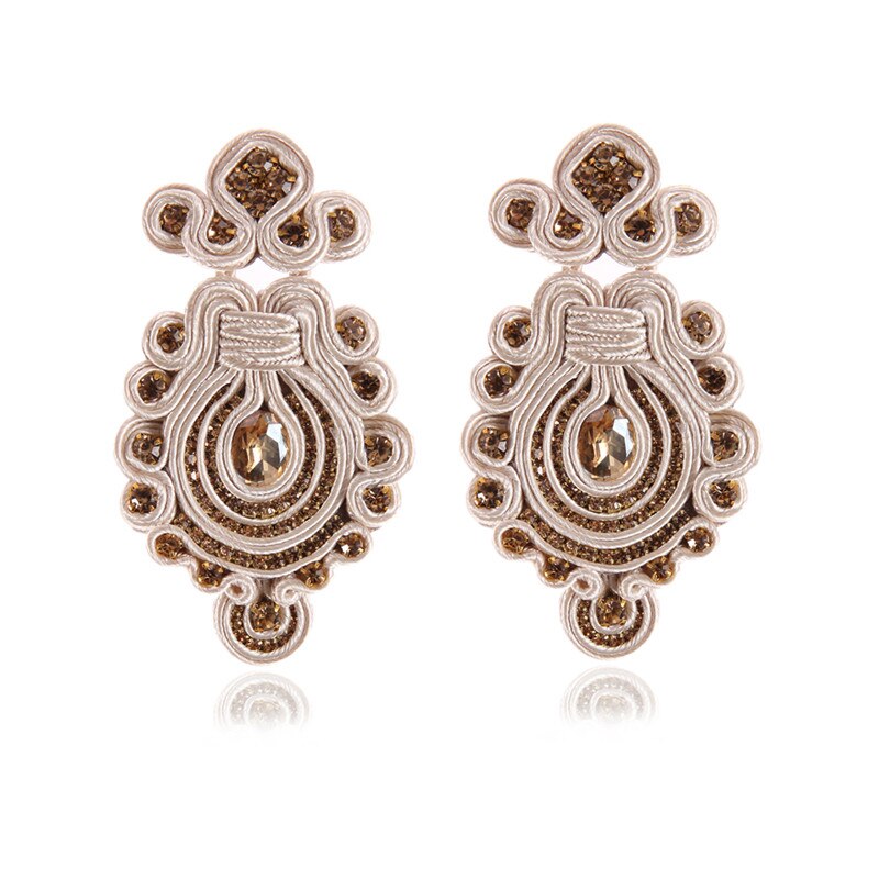 A pair of Handmade Soutache Drop Earrings featuring intricate leather design in blue, red, and brown colors, perfect for women.