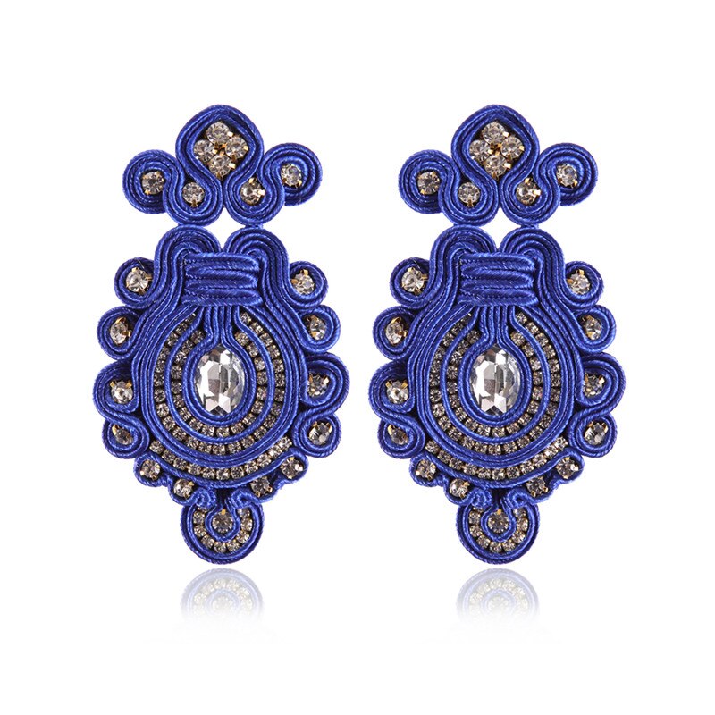 A pair of Handmade Soutache Drop Earrings featuring intricate leather design in blue, red, and brown colors, perfect for women.
