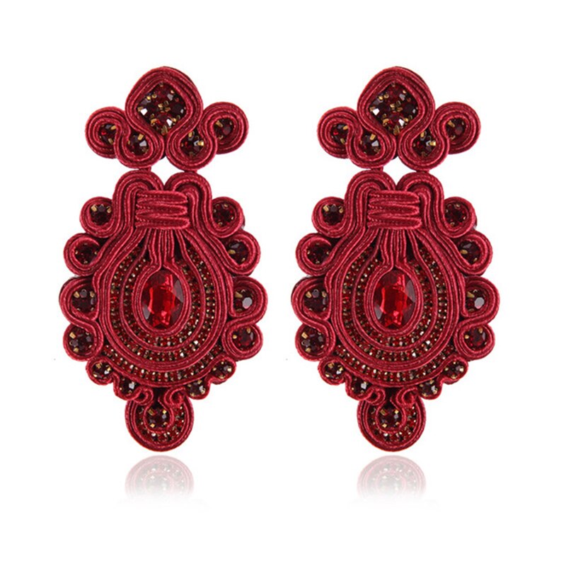 A pair of Handmade Soutache Drop Earrings featuring intricate leather design in blue, red, and brown colors, perfect for women.