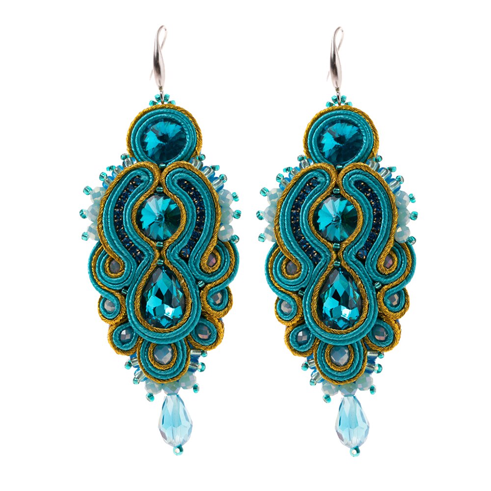 A pair of handmade soutache earrings featuring vibrant colors and geometric designs, perfect for women and special occasions.