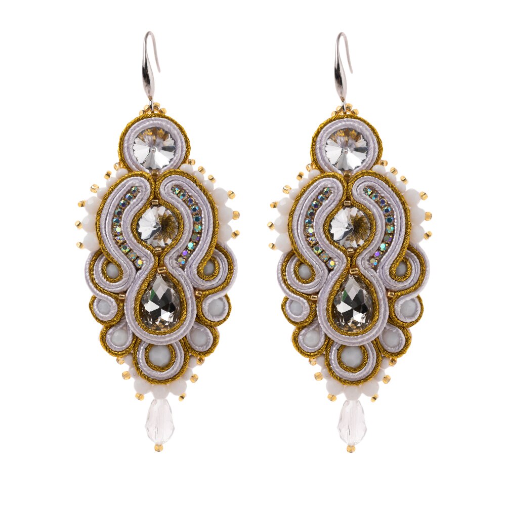 A pair of handmade soutache earrings featuring vibrant colors and geometric designs, perfect for women and special occasions.