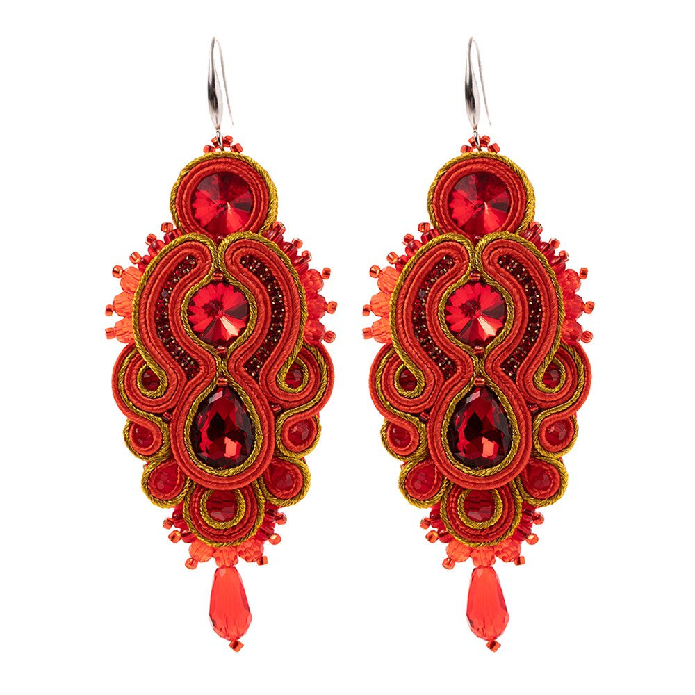 A pair of handmade soutache earrings featuring vibrant colors and geometric designs, perfect for women and special occasions.