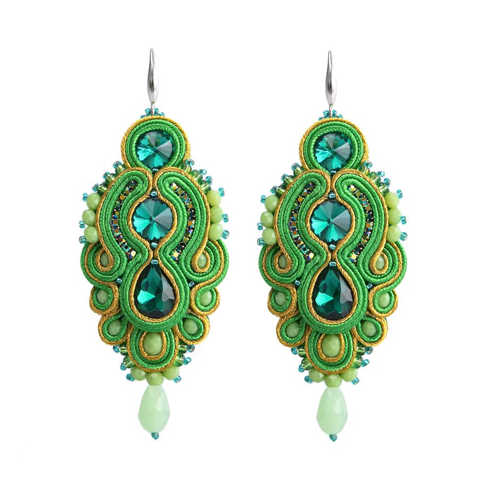 A pair of handmade soutache earrings featuring vibrant colors and geometric designs, perfect for women and special occasions.