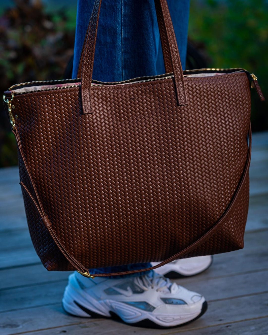 Handmade Woven Original Leather Bag in Tan Brown with Zipper, showcasing intricate weaving and a detachable shoulder strap.