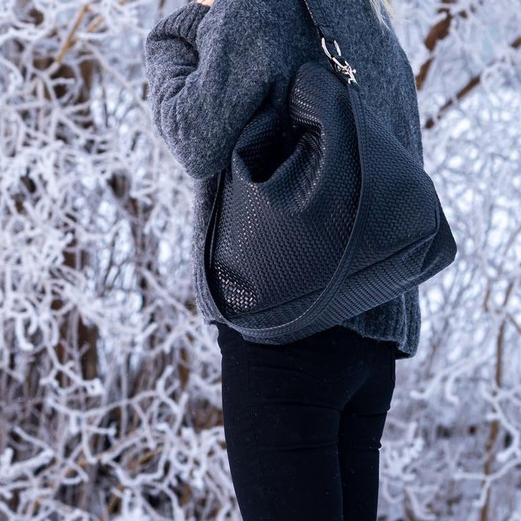 Handmade Woven Original Leather Bag in Blue, showcasing intricate weaving and a stylish design with a top handle and detachable shoulder strap.