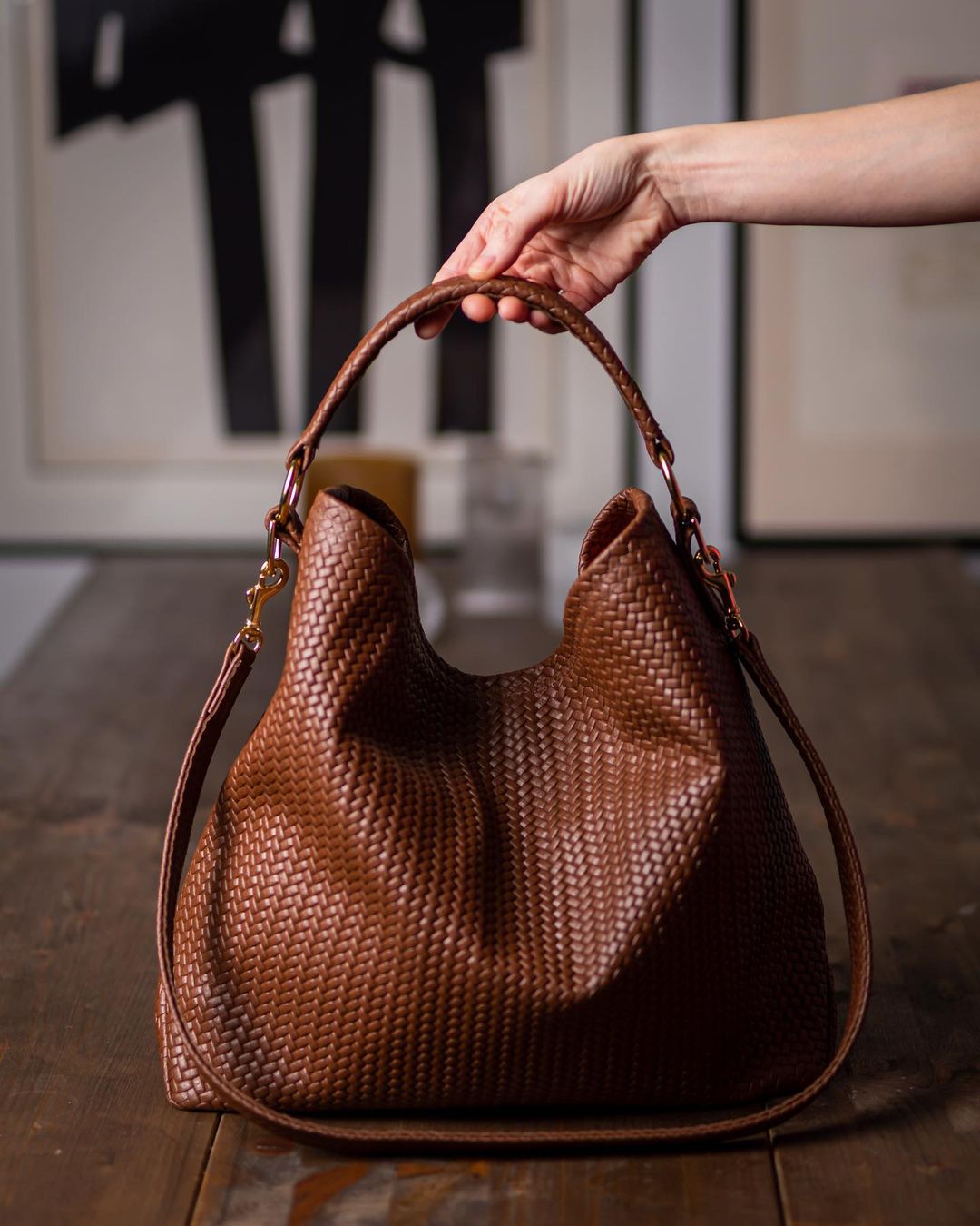 Handmade Woven Original Leather Bag in Tan Brown, showcasing intricate weaving and durable metal hardware.