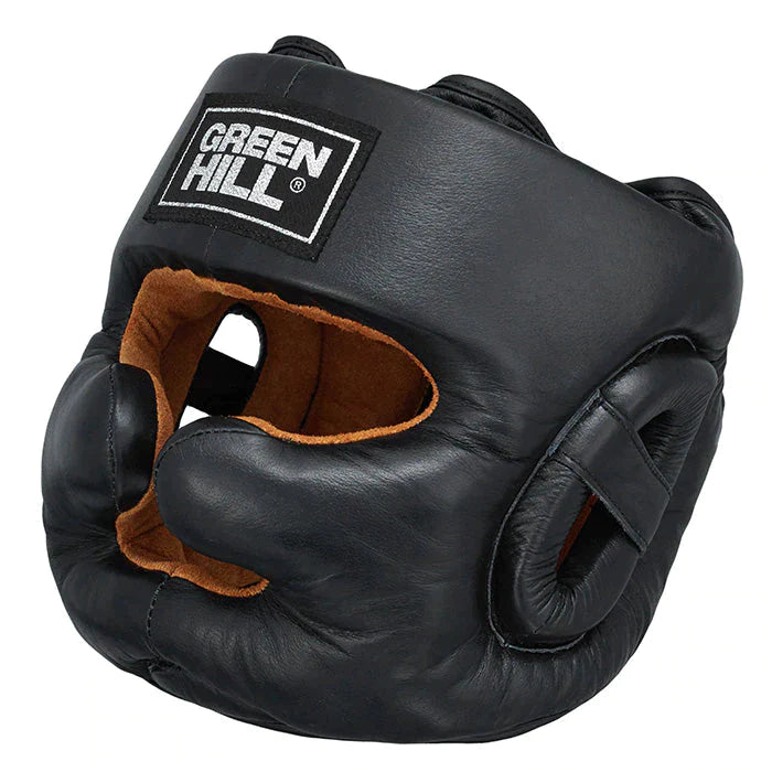 Head Guard LUX made of genuine leather in black color, designed for training with adjustable straps for a secure fit.