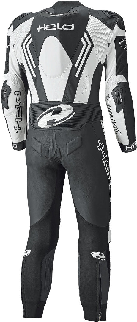 Held Rush One Piece Motorcycle Leather Suit showcasing its sleek design and protective features, made from soft cowhide with safety seams.