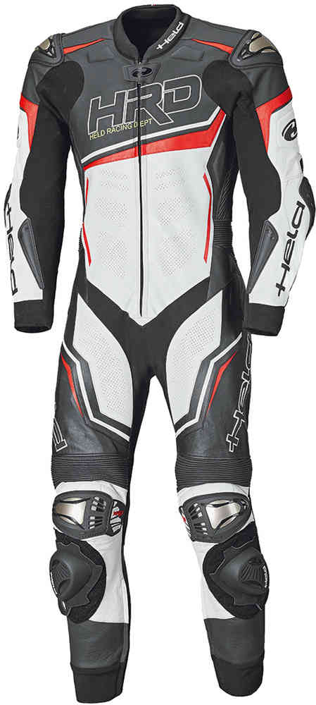 Held Slade II One Piece Motorcycle Leather Suit showcasing its sleek design and protective features, including titanium protectors and aerodynamic racing hump.
