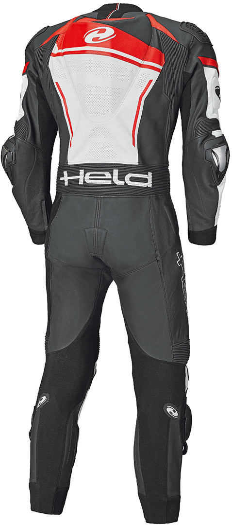 Held Slade II One Piece Motorcycle Leather Suit showcasing its sleek design and protective features, including titanium protectors and aerodynamic racing hump.