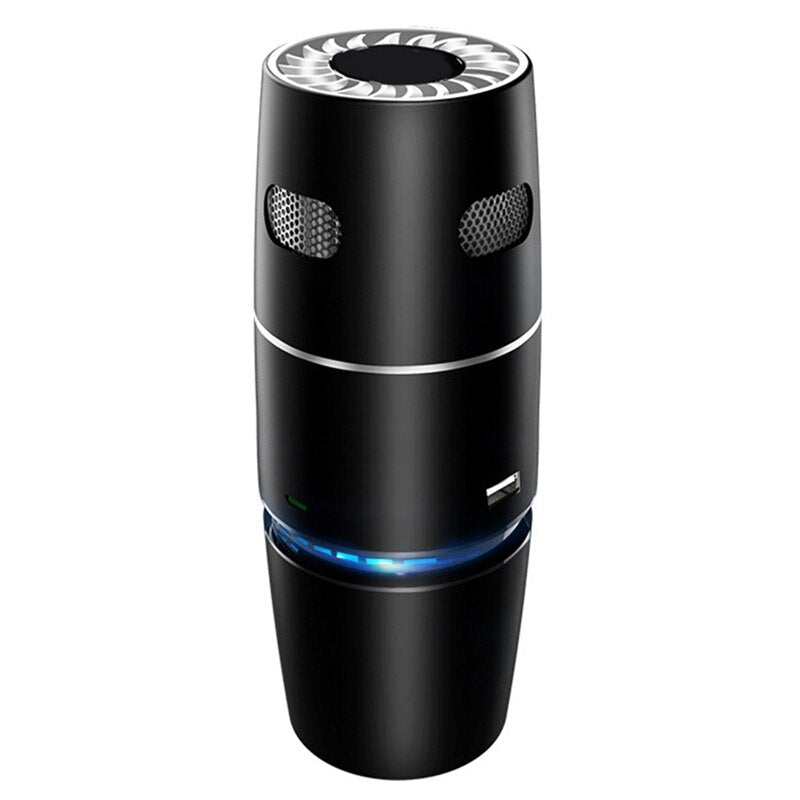 High Quality Air Purifier with HEPA Filter in black and white, designed for home, office, and car use, showcasing its compact size and modern design.