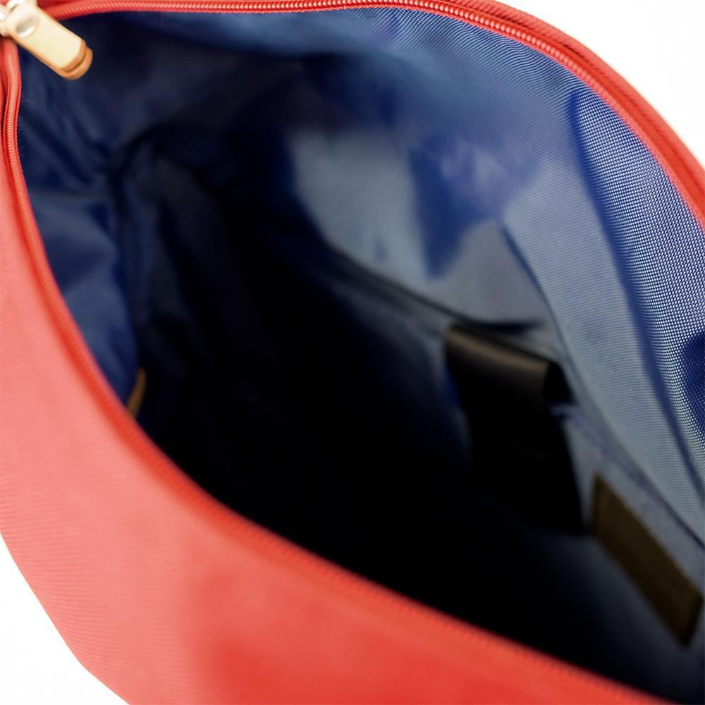 Highline Daypack in various colors with leather accents, showcasing its sleek design and multiple pockets.