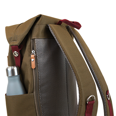 Highline Daypack in various colors with leather accents, showcasing its sleek design and multiple pockets.