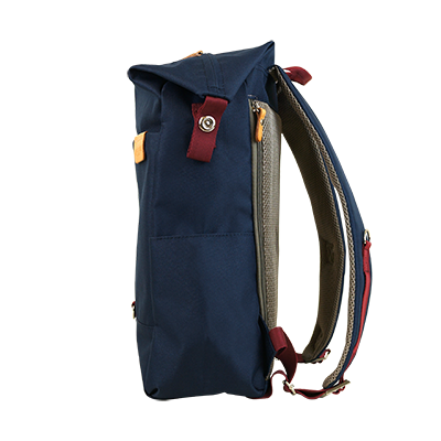 Highline Daypack in various colors with leather accents, showcasing its sleek design and multiple pockets.