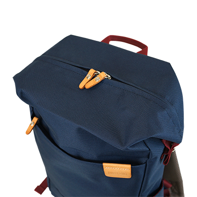 Highline Daypack in various colors with leather accents, showcasing its sleek design and multiple pockets.