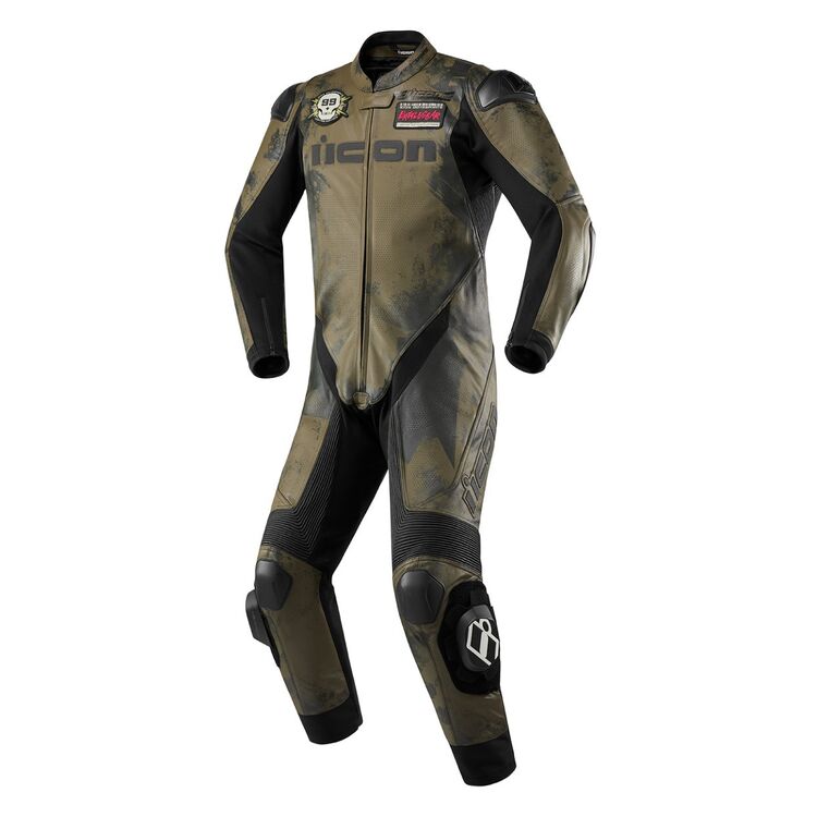 Icon Battlescar Racesuit in size 54, showcasing premium leather construction and protective features.