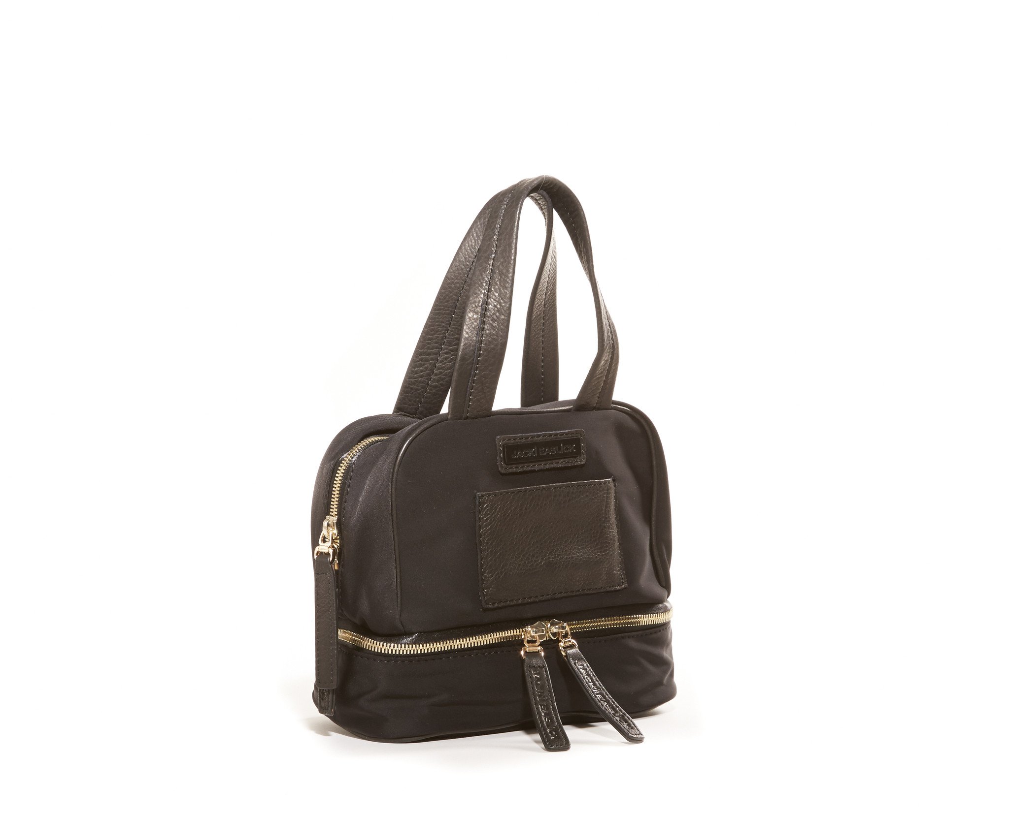 Jacki Easlick Black nylon cosmetic case with leather trim, featuring a gold zipper and attached mirror.