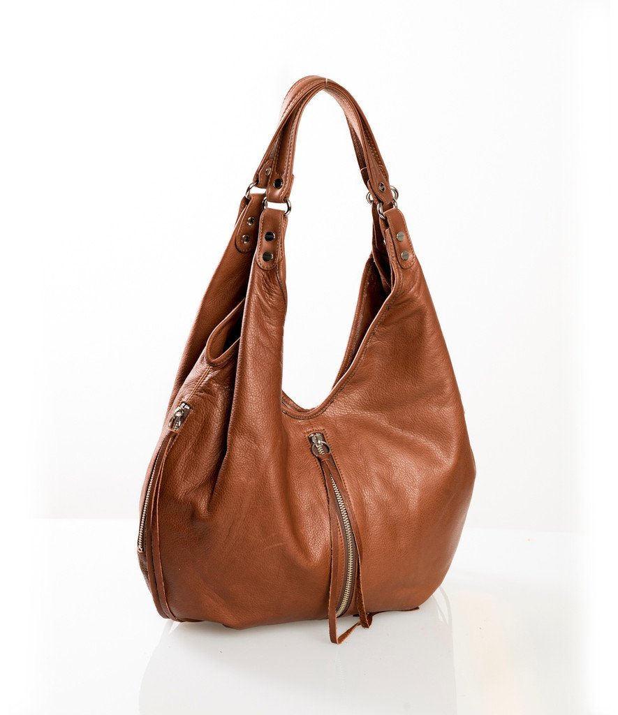 Jacki Easlick Cognac leather hobo bag showcasing its soft, slouchy design and high-quality craftsmanship.