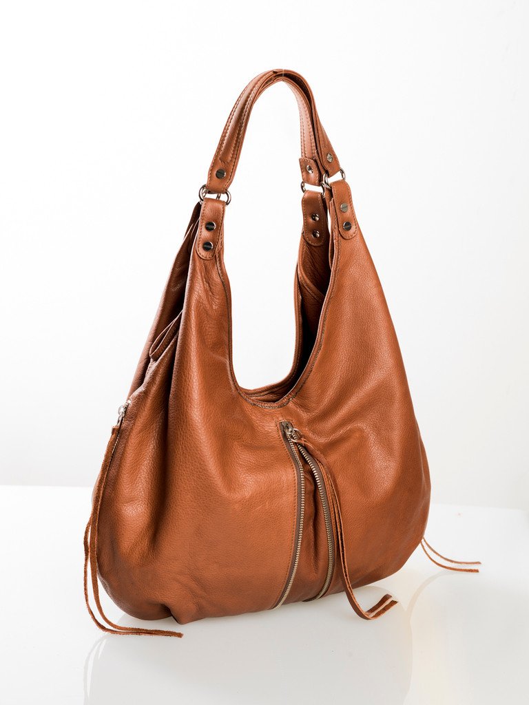 Jacki Easlick Cognac leather hobo bag showcasing its soft, slouchy design and high-quality craftsmanship.