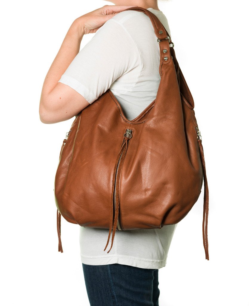 Jacki Easlick Cognac leather hobo bag showcasing its soft, slouchy design and high-quality craftsmanship.