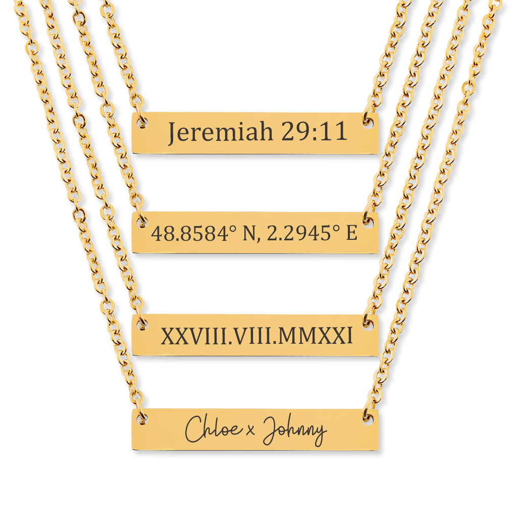 Jacki Easlick® Customize Horizontal Bar Necklace in Silver, Gold, and Rose Gold with personalized engraving options.