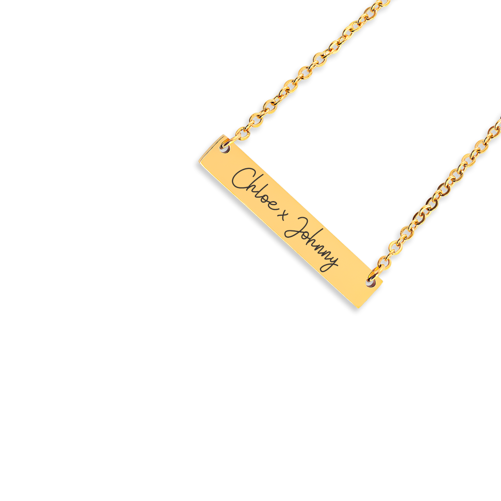 Jacki Easlick® Customize Horizontal Bar Necklace in Silver, Gold, and Rose Gold with personalized engraving options.