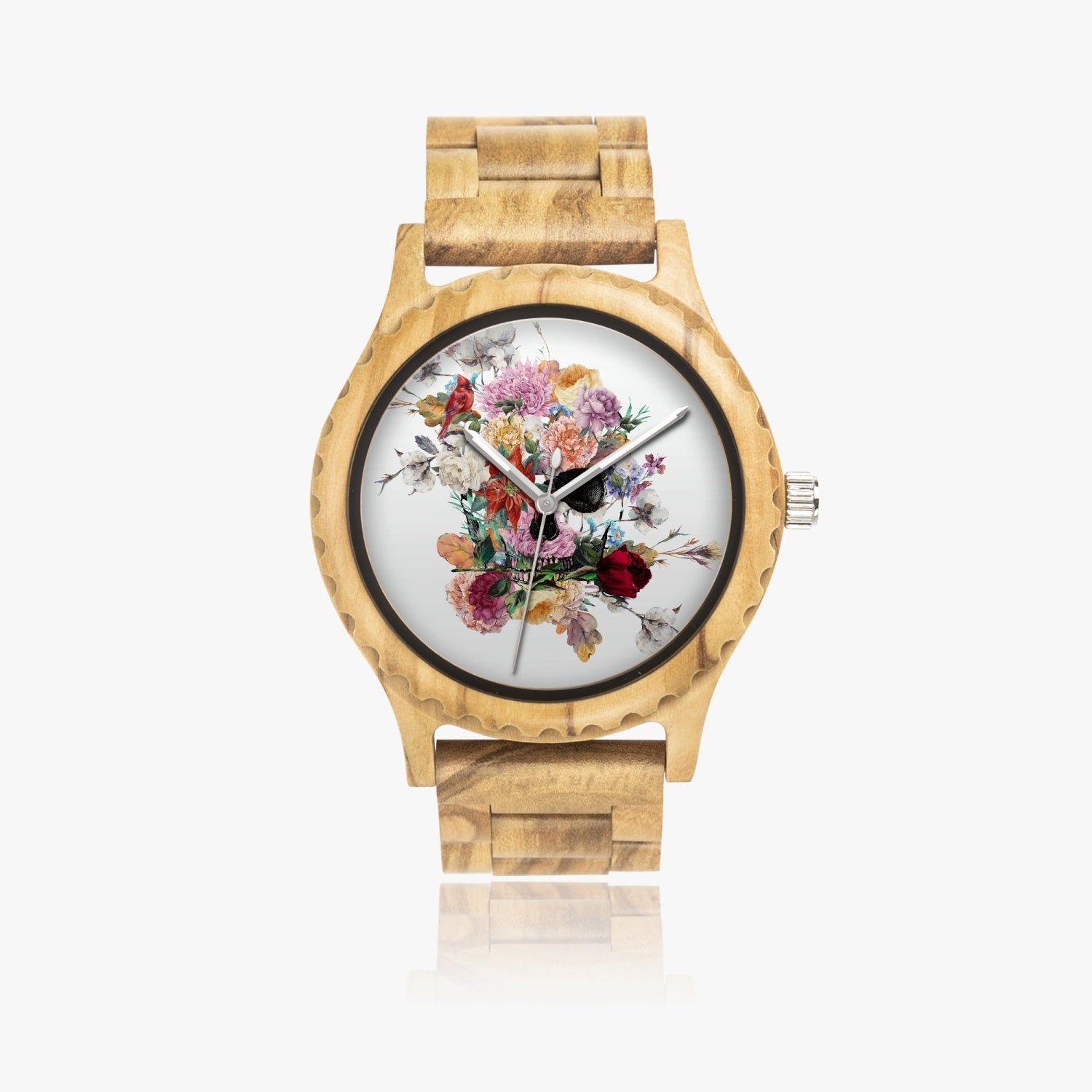 Jacki Easlick Floral Skull Wooden Watch made from Italian Olive lumber, featuring a unique floral skull design.