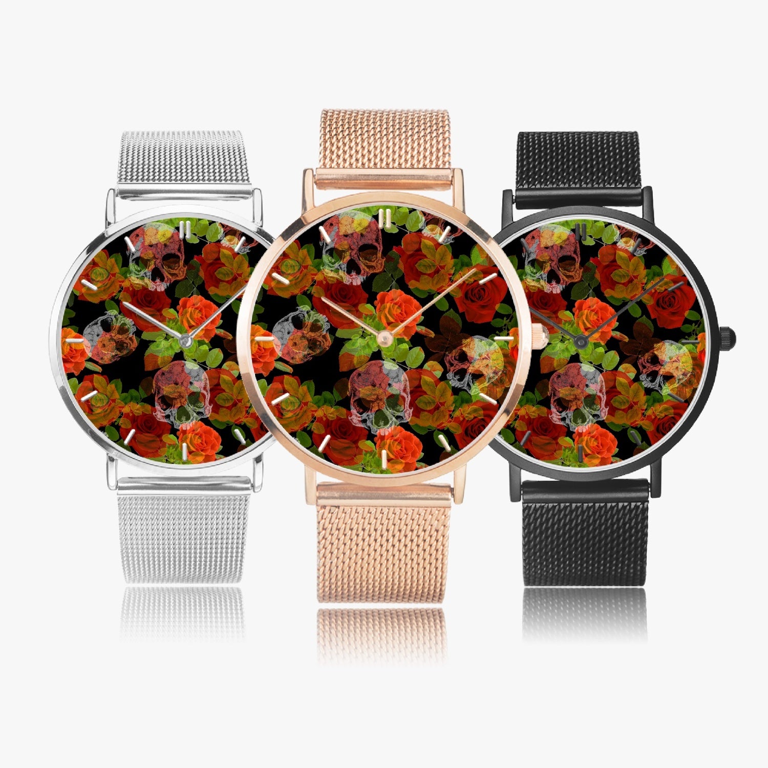 Jacki Easlick Floral Skulls Ultra-thin Stainless Steel Quartz Watch featuring a floral skull design and sleek stainless steel finish.