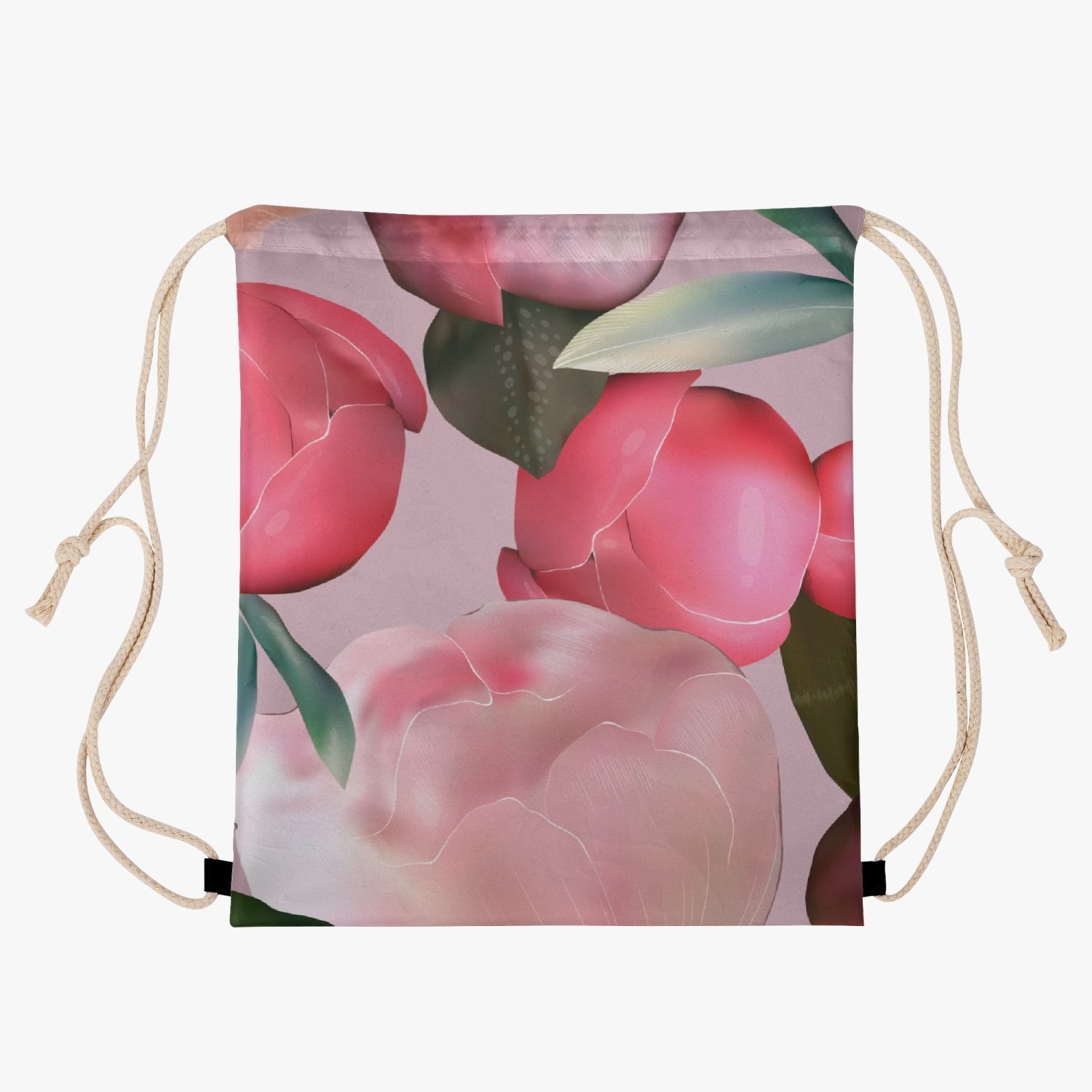 Jacki Easlick Garden Bloom Drawstring Backpack featuring a vibrant floral design, durable polyester fabric, and retractable linen straps.