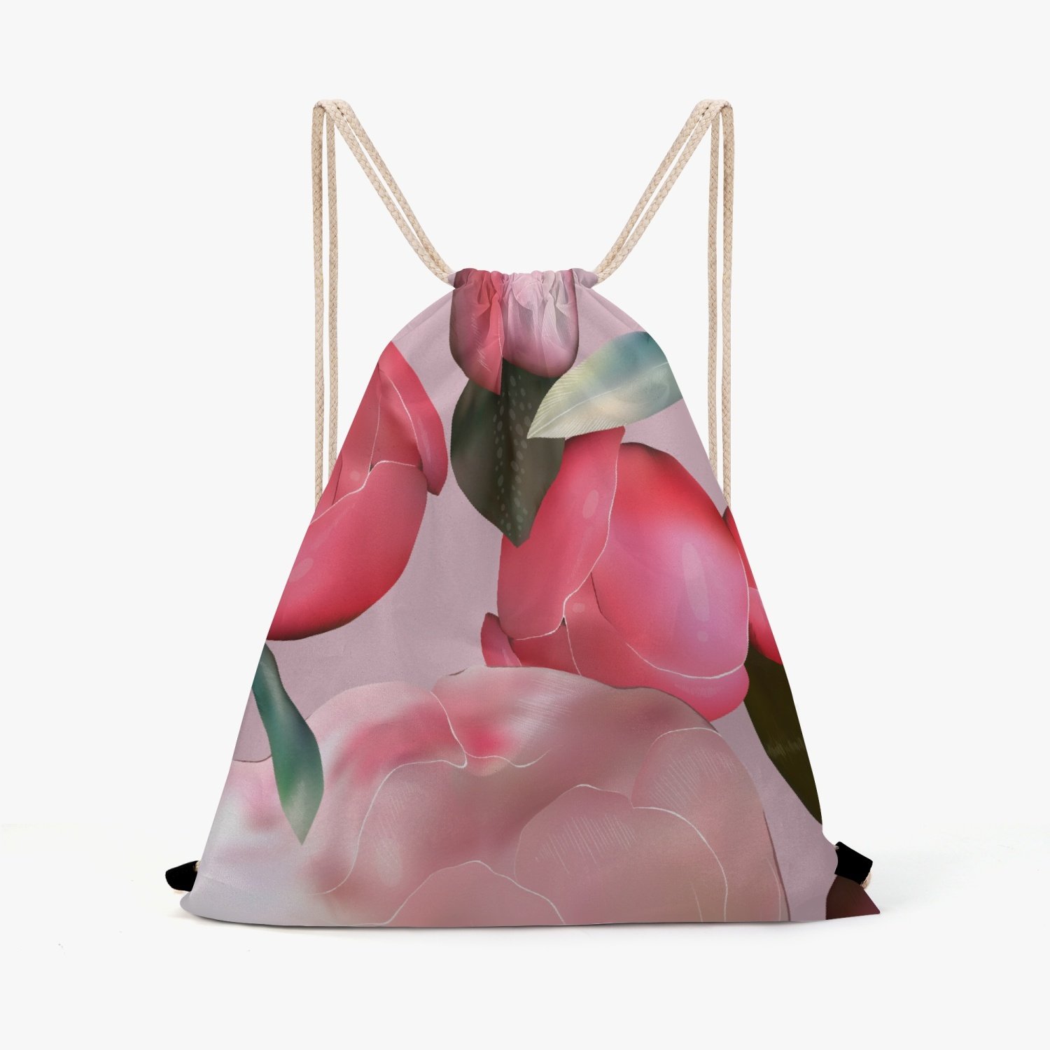 Jacki Easlick Garden Bloom Drawstring Backpack featuring a vibrant floral design, durable polyester fabric, and retractable linen straps.