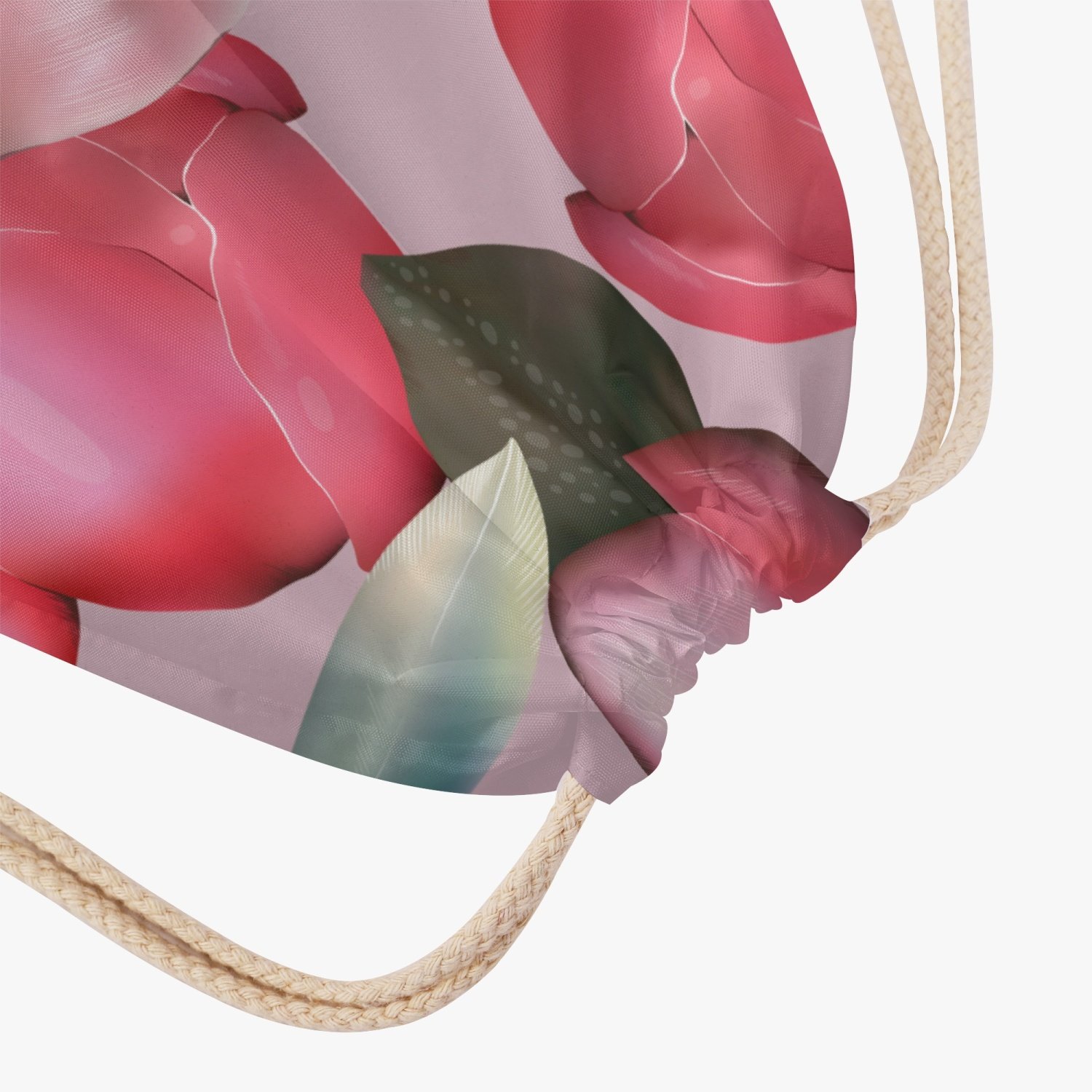 Jacki Easlick Garden Bloom Drawstring Backpack featuring a vibrant floral design, durable polyester fabric, and retractable linen straps.