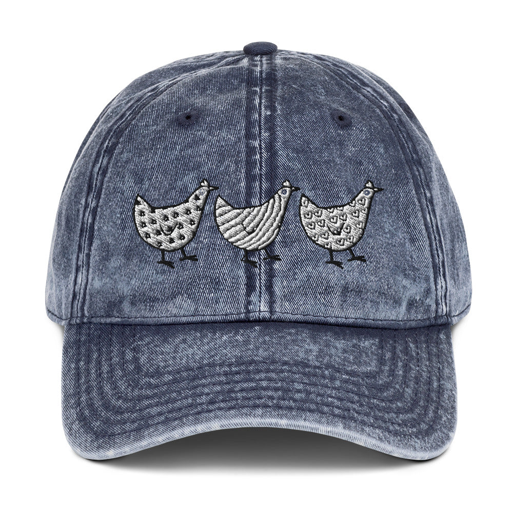 Jacki Easlick Three Chickens Vintage Cotton Twill Cap featuring intricate embroidery and a washed-out vintage effect.