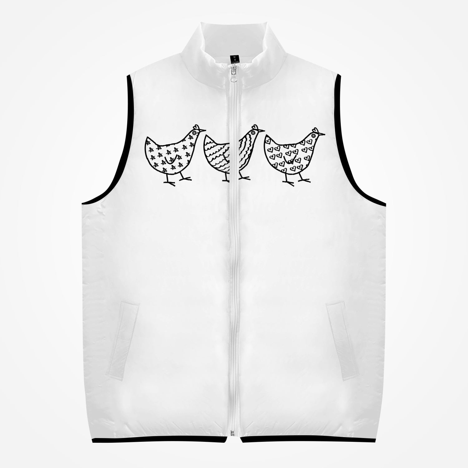 Jacki Easlick Three Crazy Chickens Cotton-pad Zipper-up Vest featuring a fun chicken design, made from a soft polyester blend, ideal for winter wear.